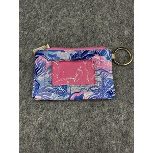 Lilly Pulitzer Wristlet ID Case Zip Pouch with Key Ring Attachment‎ Blue Pink